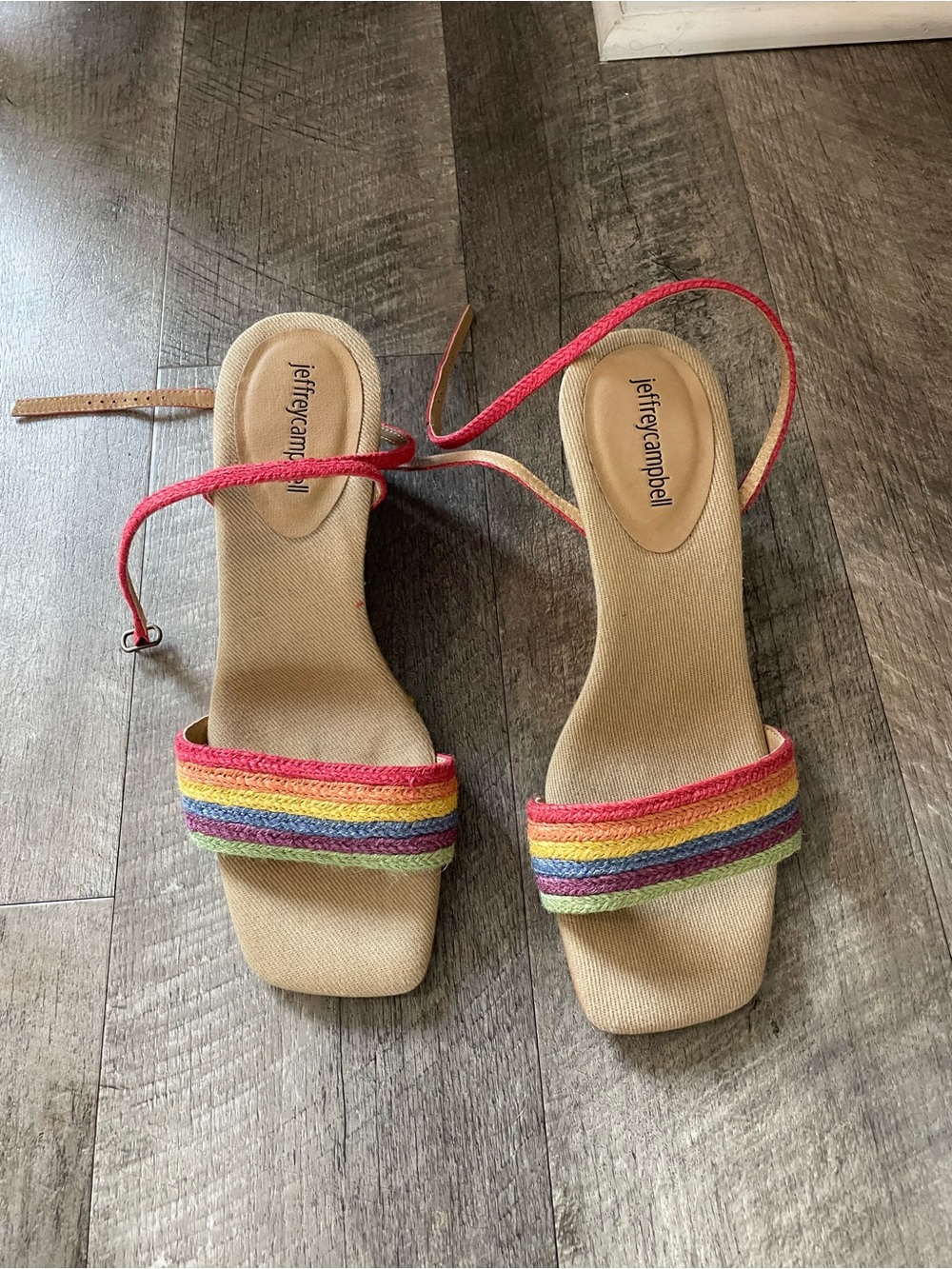 Jeffrey Campbell Multicolor Rainbow Stripe Wedge Sandal with Pink Ankle Strap